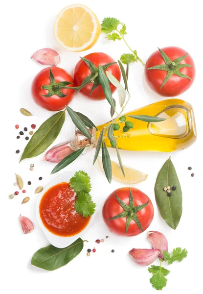 Bowl of tomato sauce with fresh ingredients — Stock Photo, Image