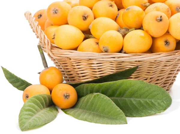 Rieten manden met loquats — Stockfoto