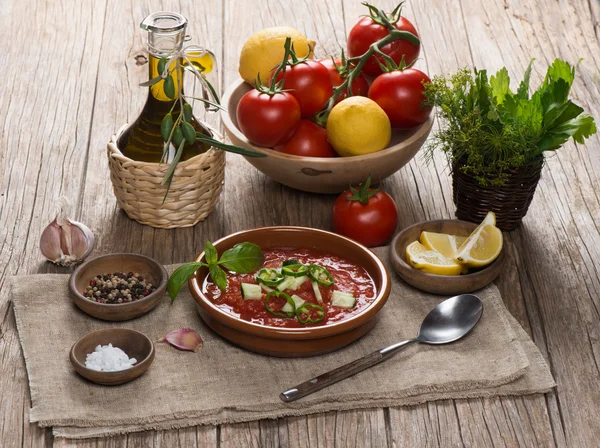 Založena španělská Studená rajčatová polévka gazpacho podávané v hliněné destičce — Stock fotografie