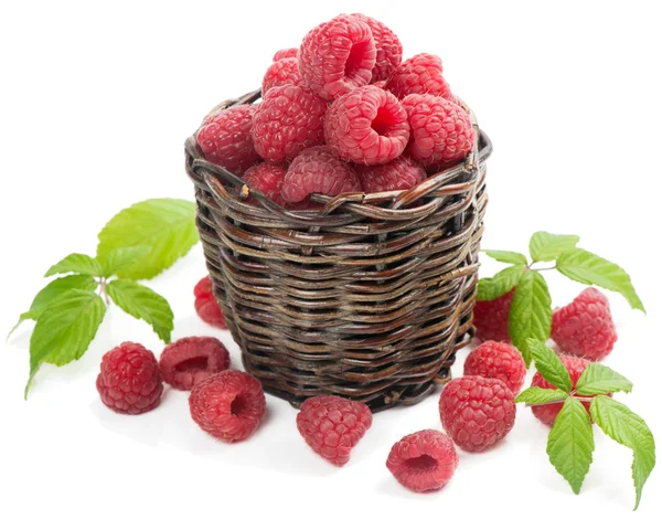 Close up of raspberries in basket — Stock Photo, Image