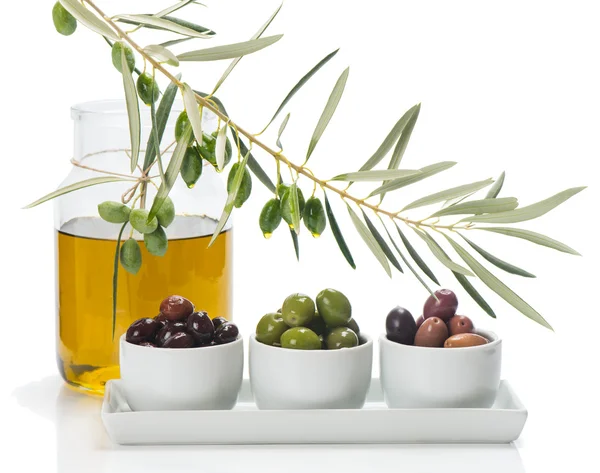 Diversi tipi di olive e rami di ulivo con gocce, ol — Foto Stock