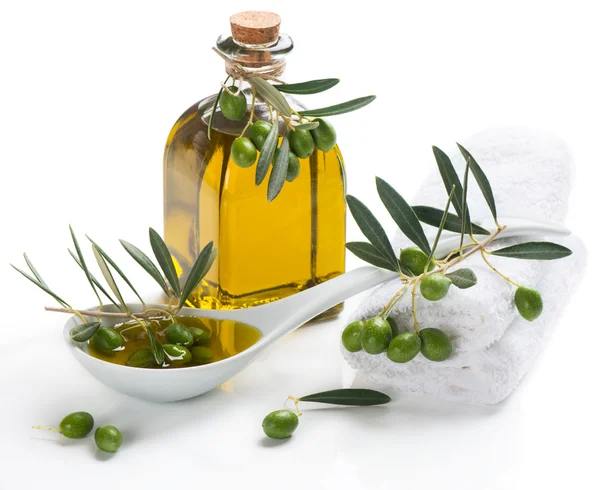 Spa set with olive oil an twig — Stock Photo, Image