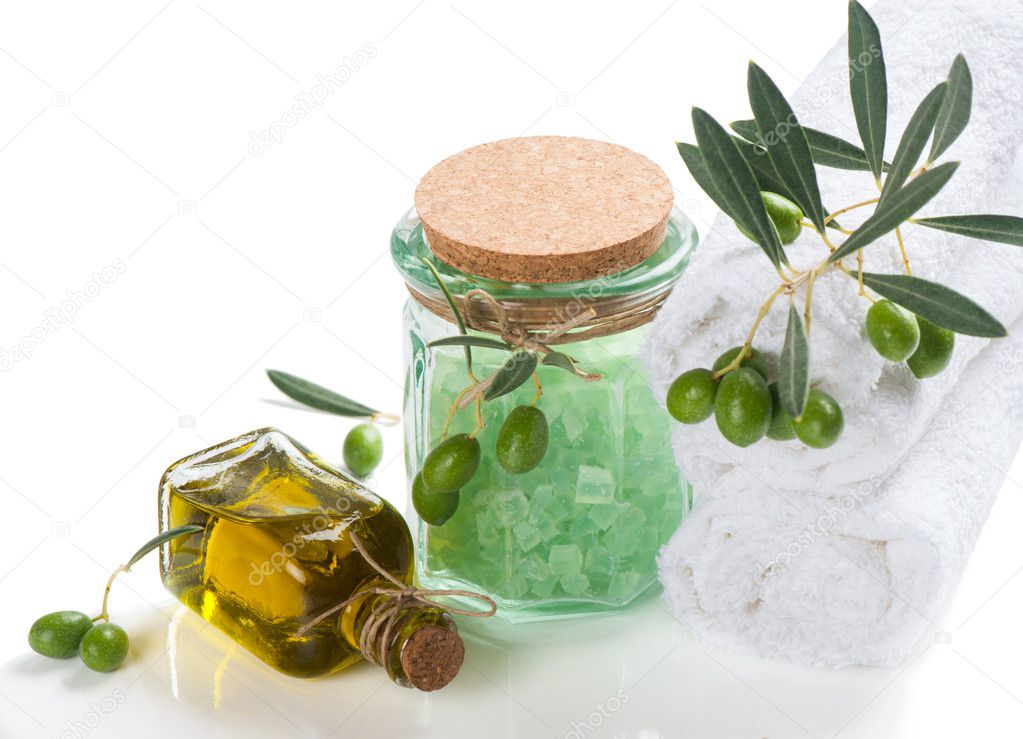 Natural spa setting with olive and olive oil products
