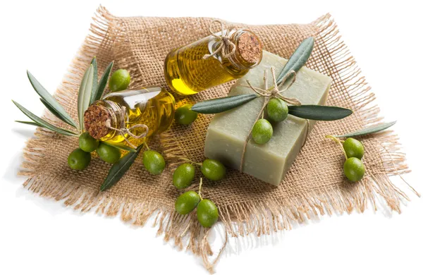 Green olives, soap with olive oil — Stock Photo, Image
