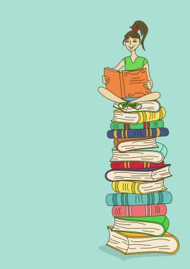 Illustration with girl sitting on a stack of books and reading