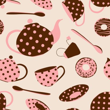 Seamless pattern of tea set and donuts