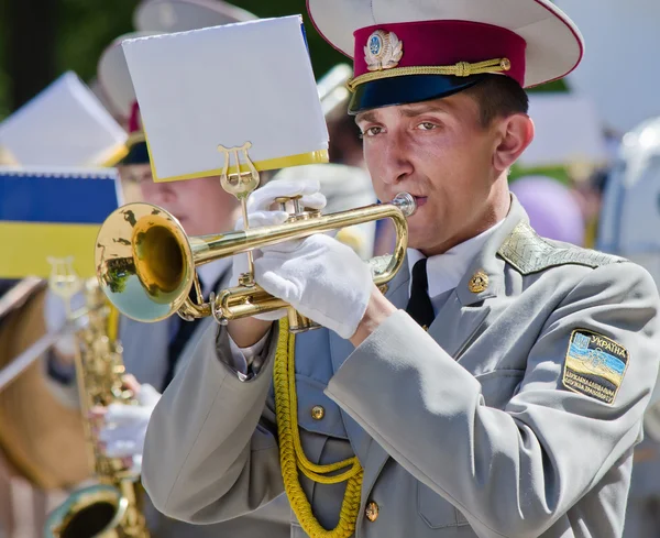 Armeijan torvisoittokunta. Mies, joka soittaa trumpettia — kuvapankkivalokuva