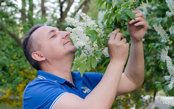 heyecanla kuş kiraz kokusu kokluyor adam