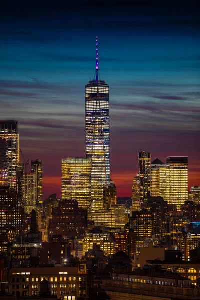 Zachód Słońca Nad Dolnym Manhattanem Wieżą Wolności One World Trade — Zdjęcie stockowe