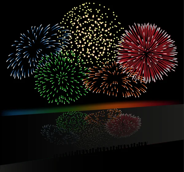 Fuochi d'artificio colorati sopra il fiume . — Vettoriale Stock