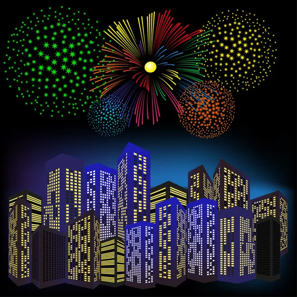 Coloridos fuegos artificiales sobre la ciudad . — Vector de stock