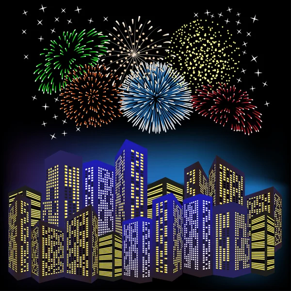 Fuegos artificiales en la ciudad nocturna. — Vector de stock