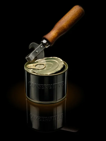 Can opener and tin box. — Stock Photo, Image