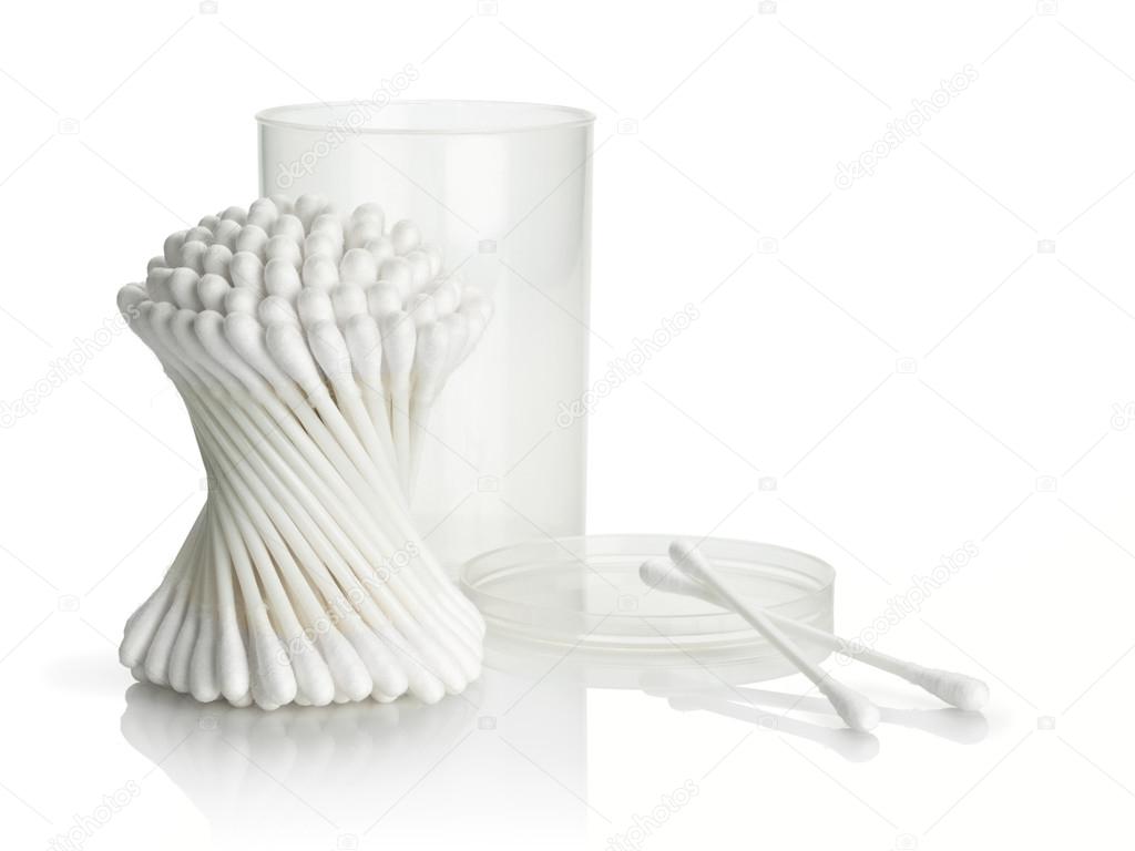 Cotton buds and plastic packing on a white background - Stock Photo, Image....