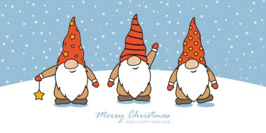 Noel tebrik kartı ile şirin noel cücesi ve karlı manzara