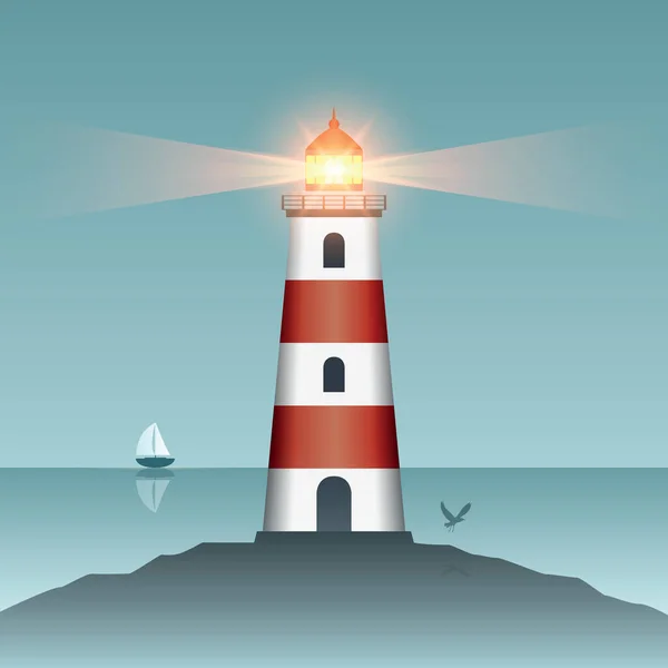 Phare lumineux au coucher du soleil avec des oiseaux volants — Image vectorielle