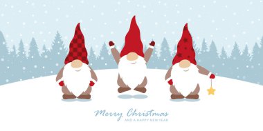 Noel tebrik kartı ile şirin noel cücesi ve karlı manzara