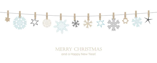 Weihnachtskarte mit hell hängenden Schneeflocken auf weiß — Stockvektor