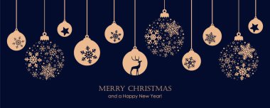 Mutlu noel kartları ve asılı top süslemeleri.