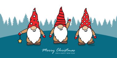 Noel tebrik kartı ile şirin noel cücesi ve karlı manzara