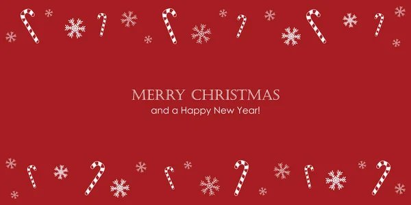 Rote Weihnachtsgrußkarte mit Schneeflocken und Zuckerrohr — Stockvektor