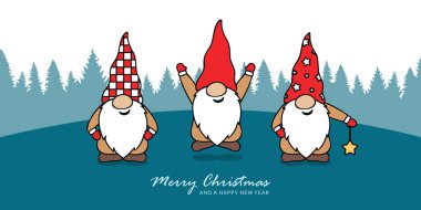 Noel tebrik kartı ile şirin noel cücesi ve karlı manzara