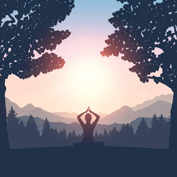 Meditating person on summer meadow at sunshine — Stock Vector