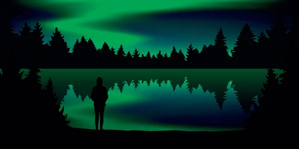 Chica solitaria en la noche con hermosa vista de las luces polares en el cielo colorido junto al lago — Archivo Imágenes Vectoriales