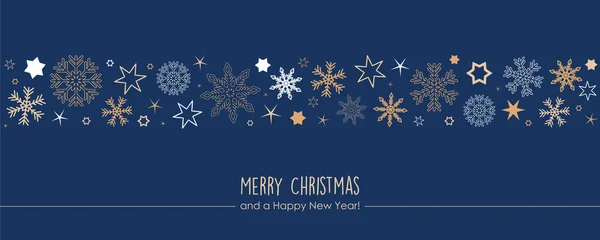 Blaue Weihnachtskarte mit Schneeflockenrand und Sternen — Stockvektor