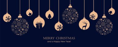 Mavi mutlu noel kartı ve asılı top süslemesi.