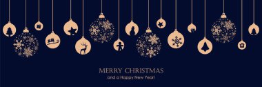 Beyaz arka planda asılı top süslemesi ile mutlu noel afişleri