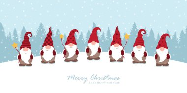 Noel tebrik kartı ile şirin noel cücesi ve karlı manzara