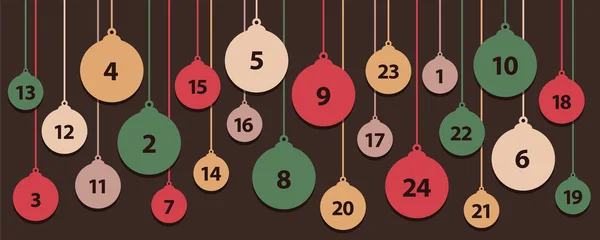 Calendário de advento colorido 24 bolas de árvore de natal vermelho e verde — Vetor de Stock