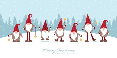 Noel tebrik kartı ile şirin noel cücesi ve karlı manzara