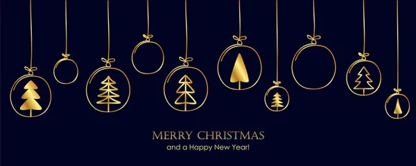 Noel kartında köknar ağacı altın topları asılı süsleme — Stok Vektör