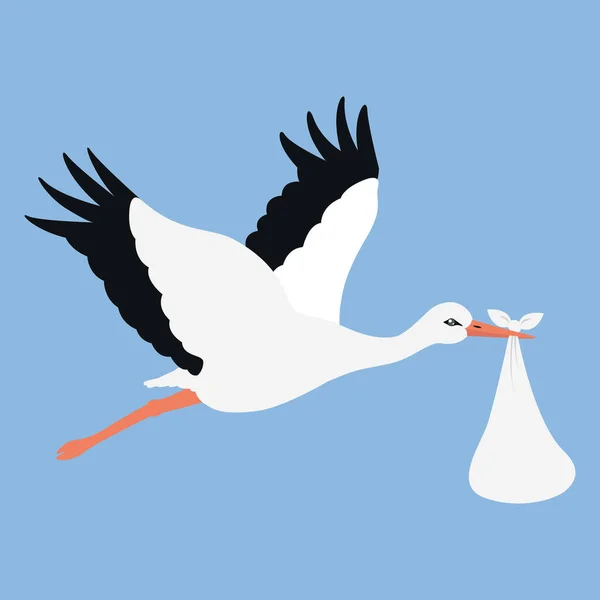 Cartoon stork with newborn baby in a bag vector — Stock Vector