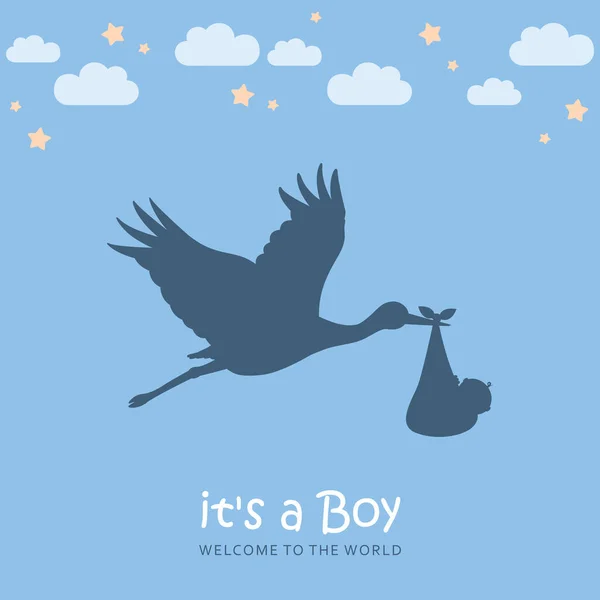 Tarjeta de felicitación de bebé con cigüeña de dibujos animados con bebé recién nacido niño — Vector de stock