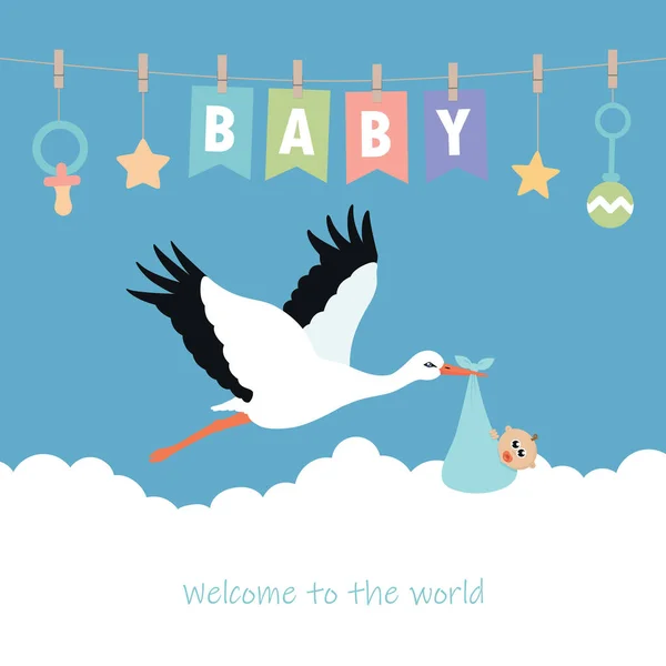 Tarjeta de bienvenida del bebé con la cigüeña y la bandera del partido — Archivo Imágenes Vectoriales