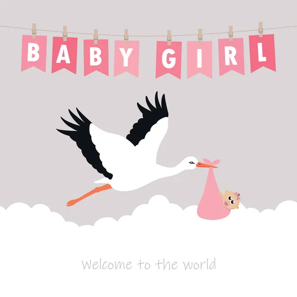Bebé niña bienvenida tarjeta de felicitación con cigüeña y bandera del partido — Vector de stock