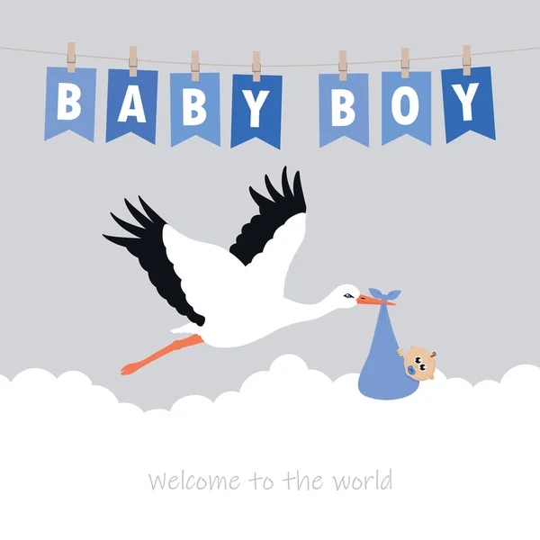 Bebé niño bienvenida tarjeta de felicitación con la cigüeña y la bandera del partido — Vector de stock
