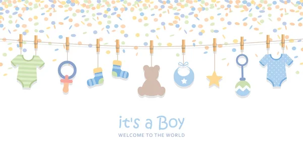 Baby Shower Willkommenskarte für die Geburt mit Hängeutensilien und Konfetti — Stockvektor