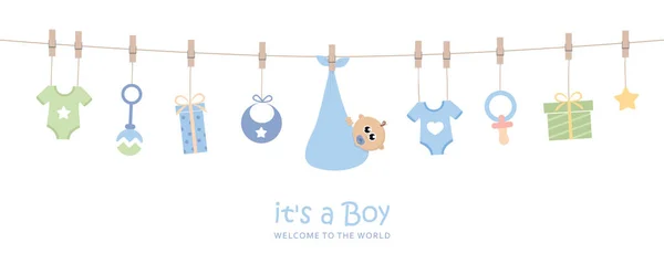 Bebé niño bienvenida tarjeta de felicitación para el parto con utensilios colgantes — Vector de stock