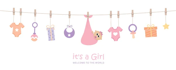Bebé niña bienvenida tarjeta de felicitación para el parto con utensilios colgantes — Vector de stock