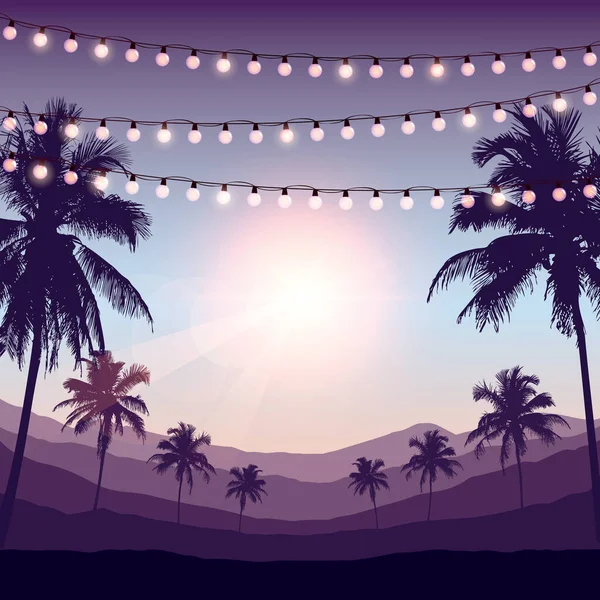 Belo pôr do sol no fundo de silhueta de palmeira tropical — Vetor de Stock