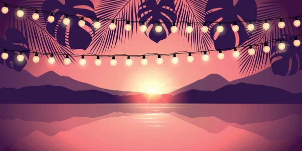 Beautiful sunset by the ocean with palm tree silhouette and mountain landscape — Stock Vector