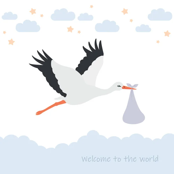 Baby welcome greeting card with stork and party flag — Stock Vector