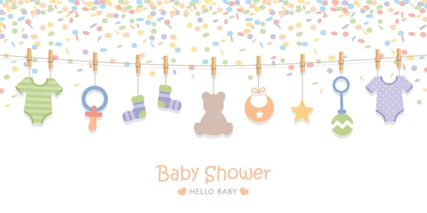 Tarjeta de felicitación de bienvenida para el parto con utensilios colgantes y confeti — Vector de stock