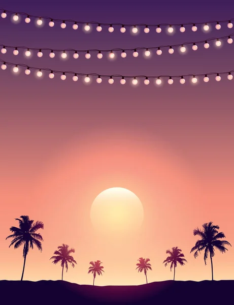 Όμορφο ηλιοβασίλεμα σε τροπικό φόντο φοινικόδεντρου — Διανυσματικό Αρχείο