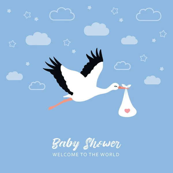 Baby welcome greeting card with stork in blue sky — Stock Vector