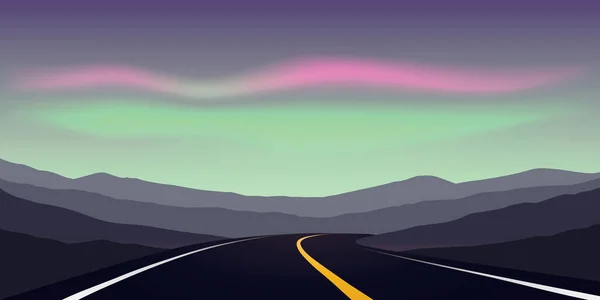 Düz asfalt yol, dağ manzarası ve kutup ışıkları. — Stok Vektör